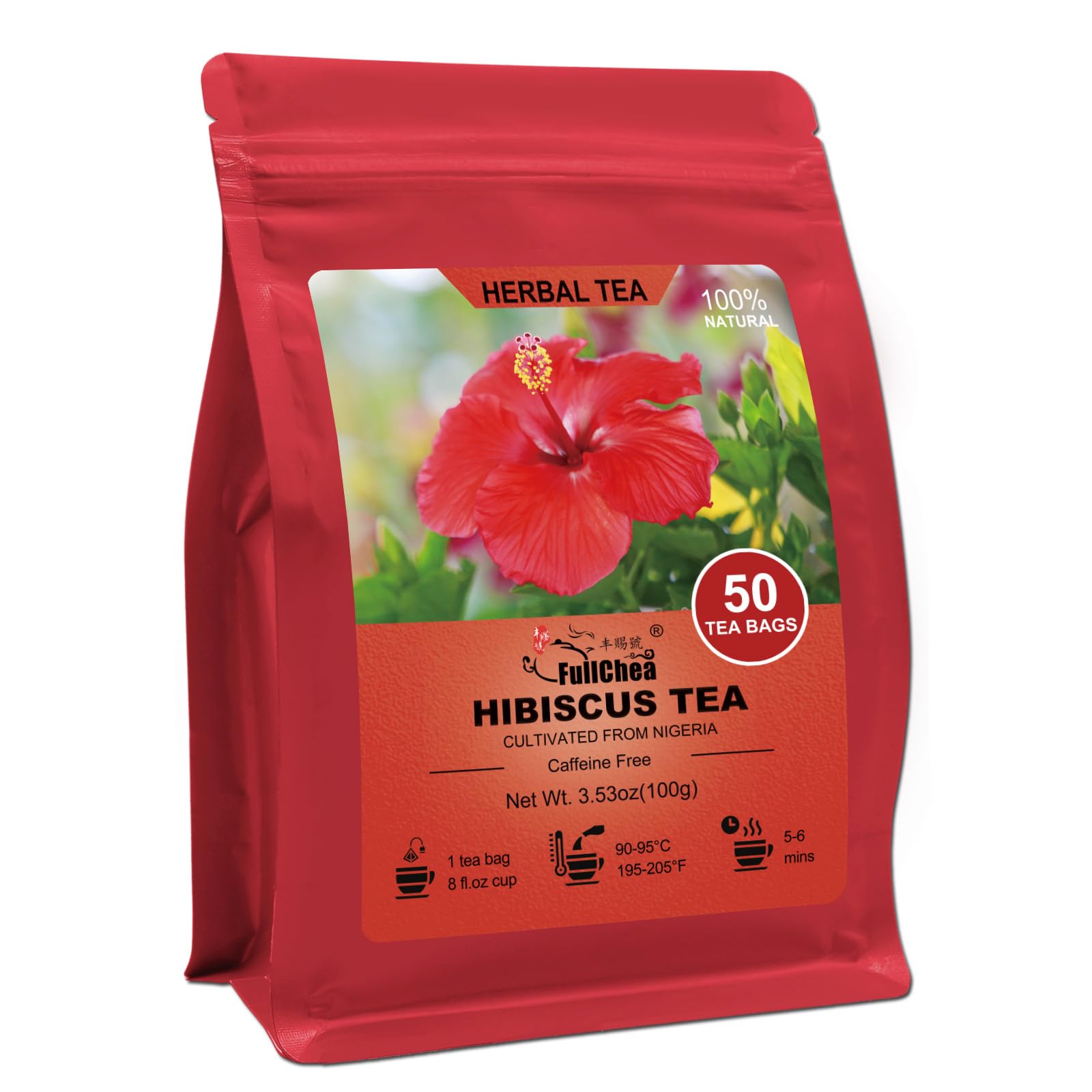 FullChea hibiscus tea bags packaging shows resealable pouch for freshness.