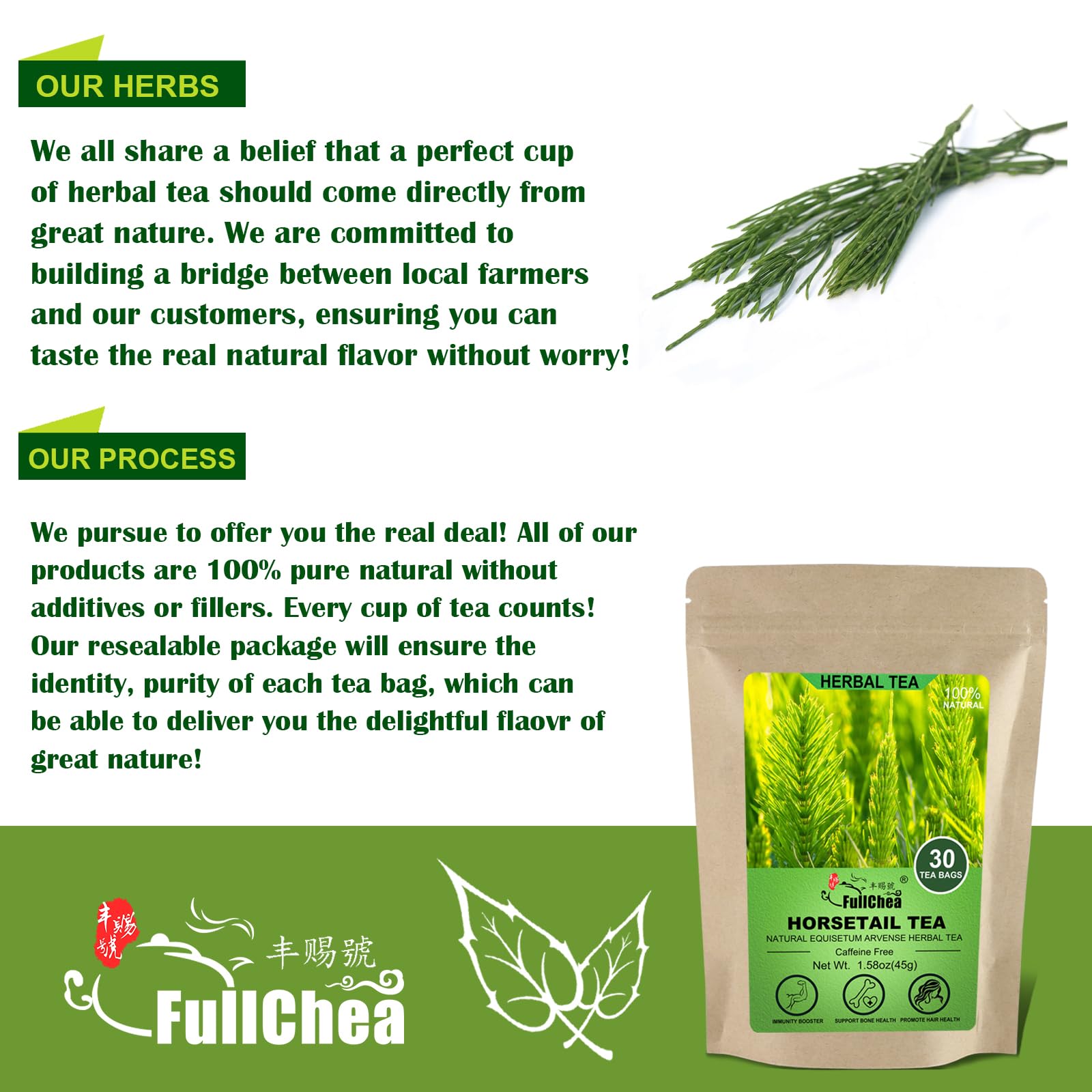 FullChea Horsetail Tea sachets sealed with ultrasonic tech for pure infusion.