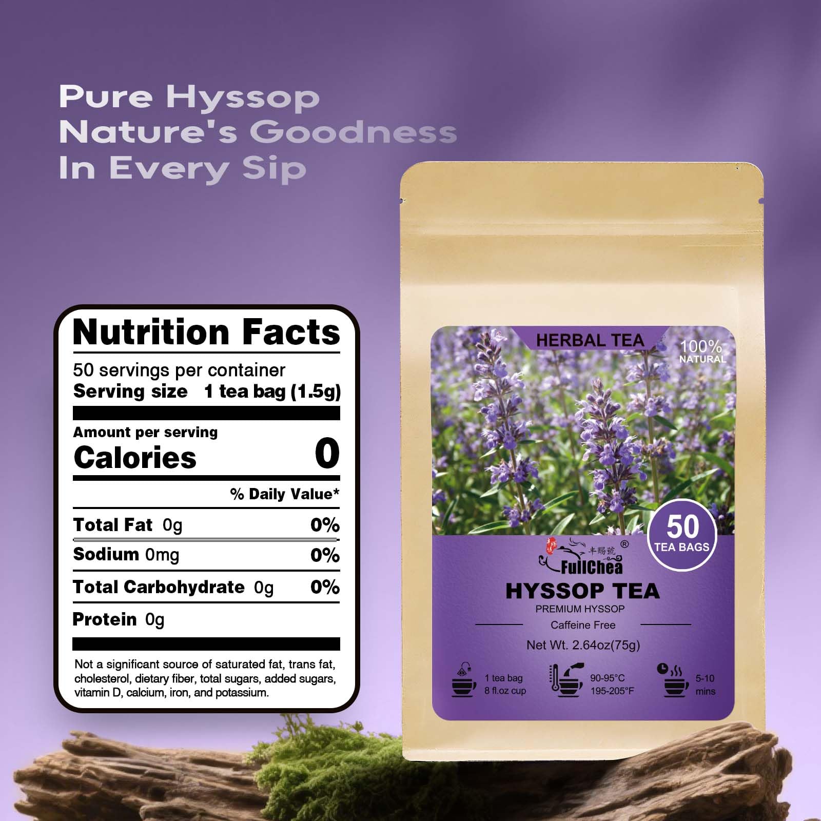 FullChea Hyssop Tea Bags close-up highlighting natural ingredients for digestion support.