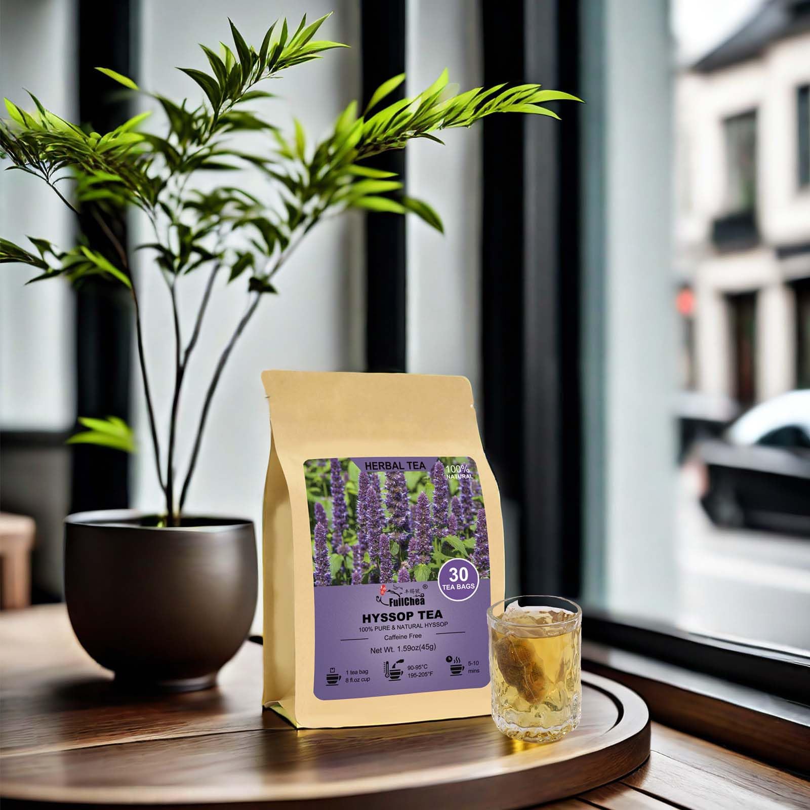 FullChea hyssop tea bags in cup captured for warm, caffeine-free relaxation.