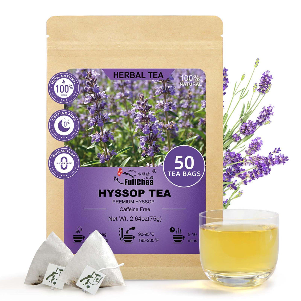 FullChea Hyssop Tea Bags packaging shows premium caffeine-free blend for daily relaxation.