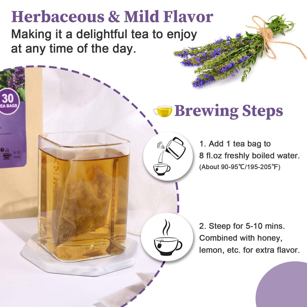 FullChea hyssop tea bags sealed pouch emphasizing freshness and non-GMO assurance.