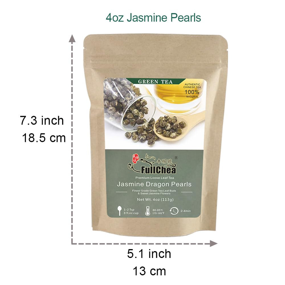 FullChea Jasmine Pearl Tea brew-glass displays a bright, inviting infusion.