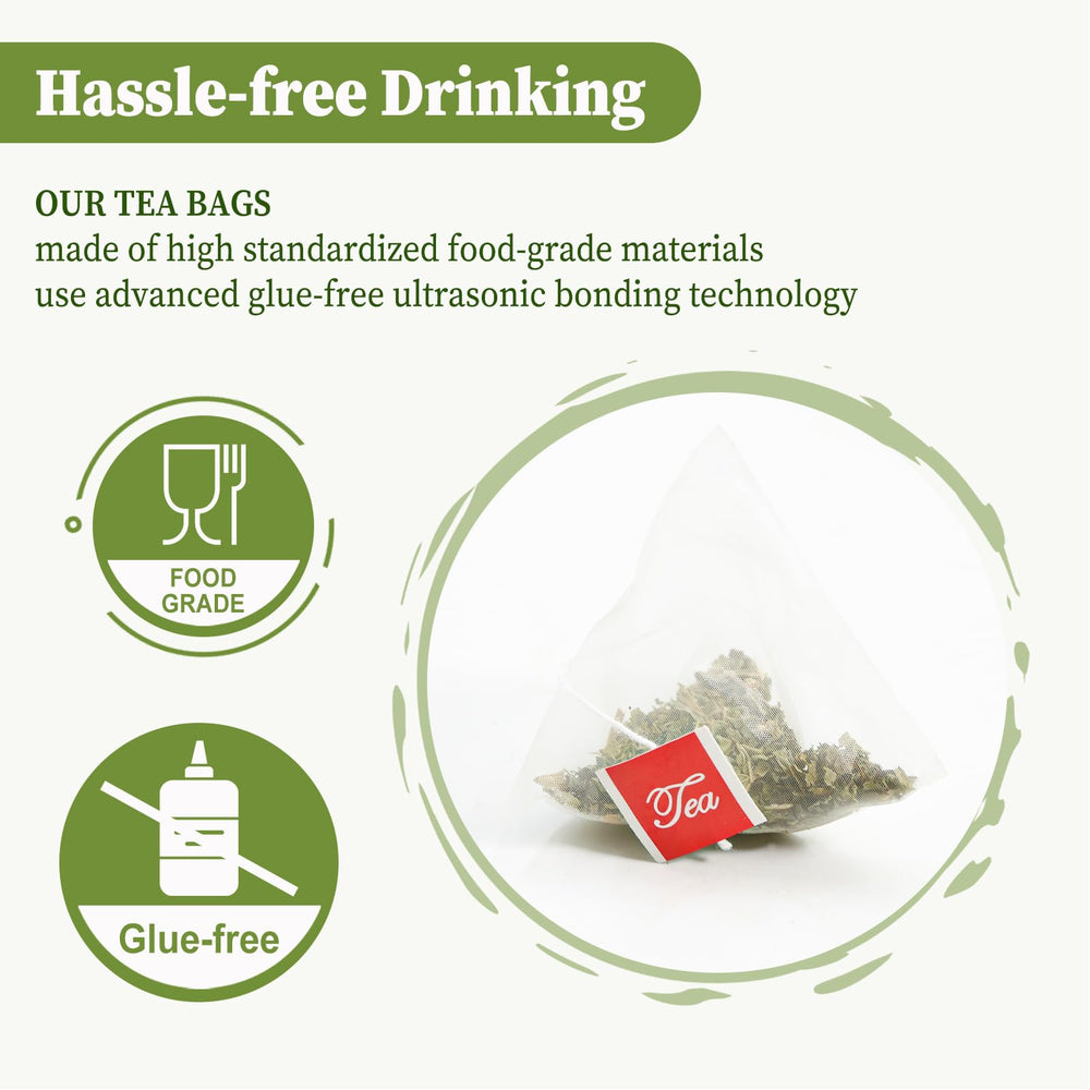 FullChea lemon balm tea bag label highlighting caffeine-free calm.