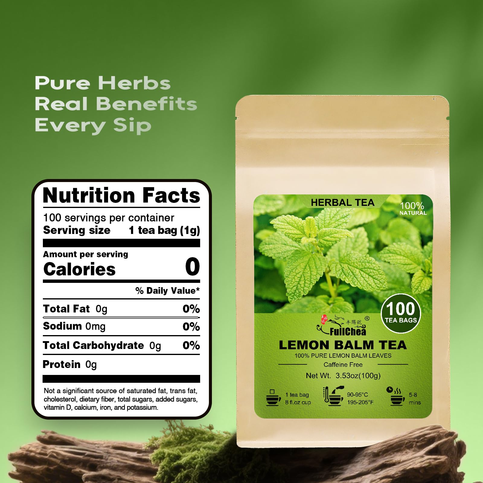 FullChea Lemon Balm tea bags closeup shows natural leaves and aroma.