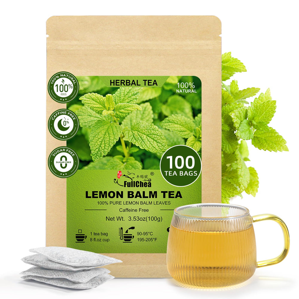 FullChea Lemon Balm tea bags packaging highlights pure, caffeine-free relaxation.