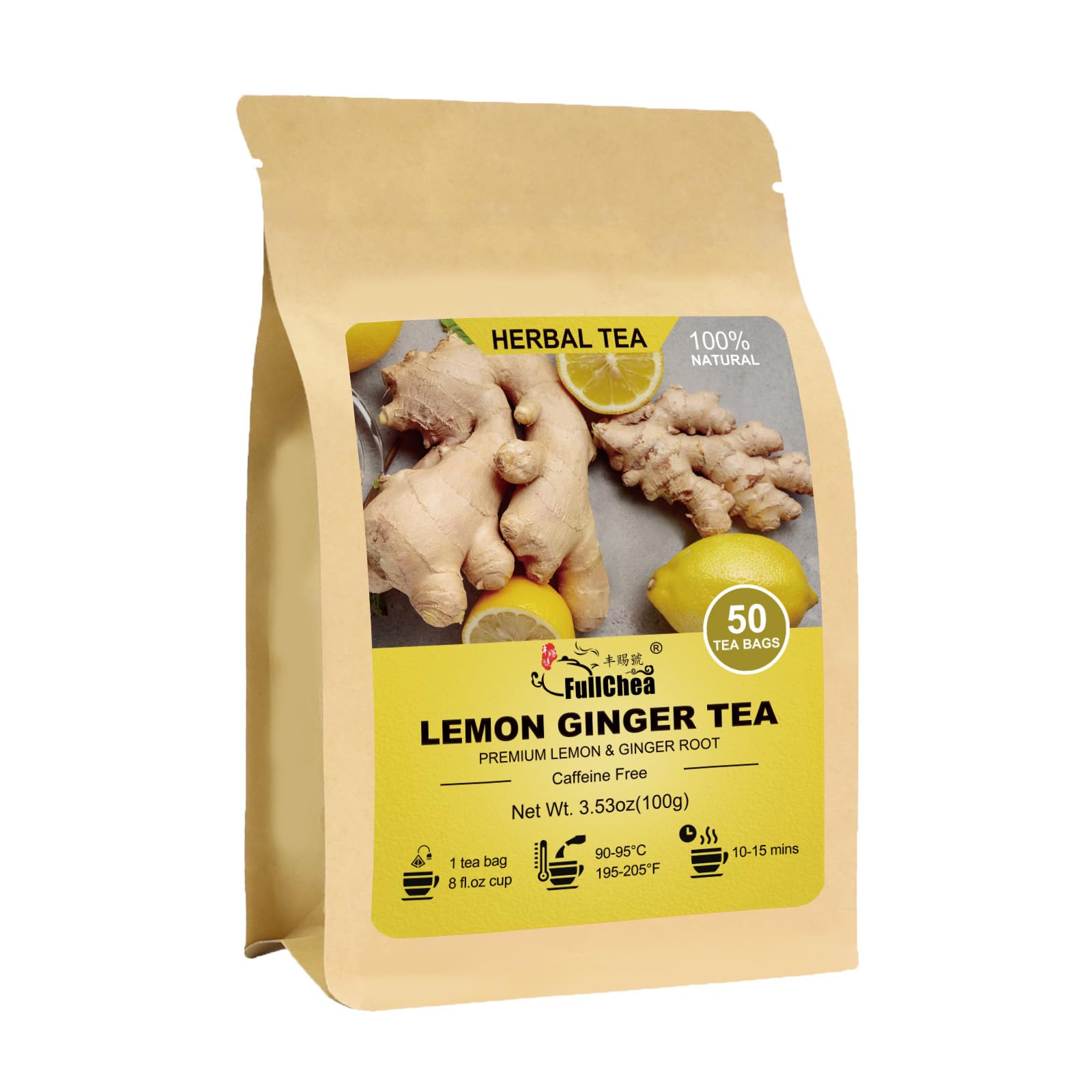 FullChea lemon-ginger-tea-packaging shows eco-friendly resealable packaging and superior ingredients.