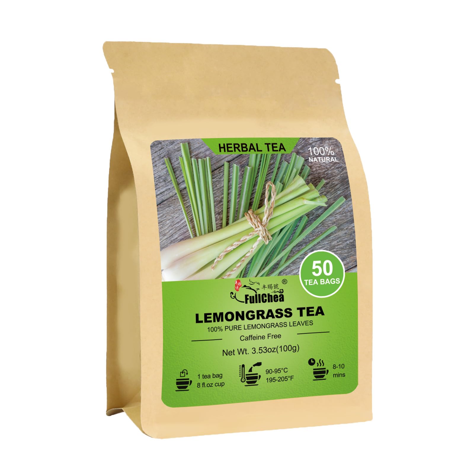 FullChea lemongrass tea bags packaging, convenient caffeine-free option.