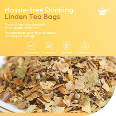 FullChea Linden Tea leaves closeup showcasing lush leaves and earthy aroma.