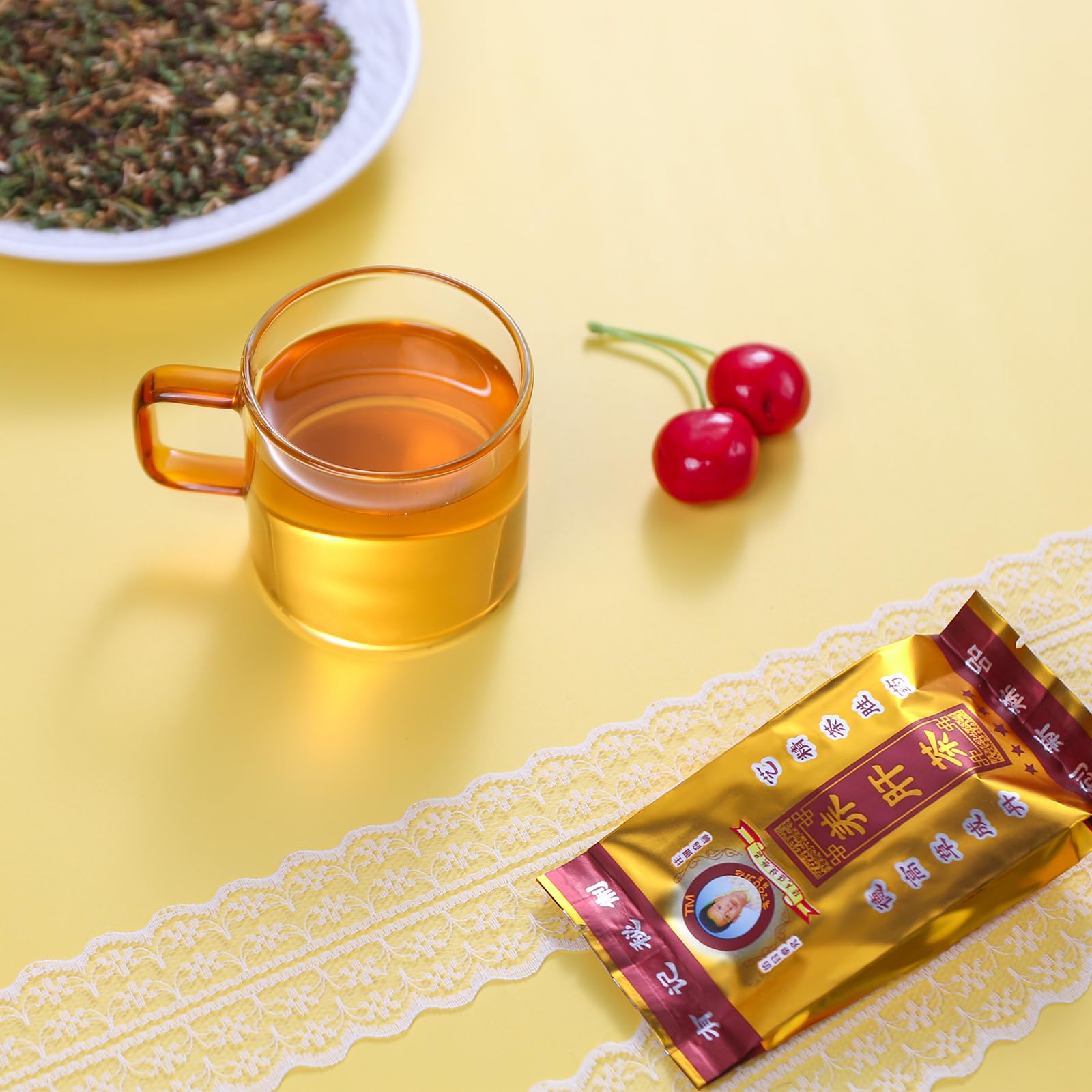 FullChea Liver Detox Tea steeped cup with warm red infusion.