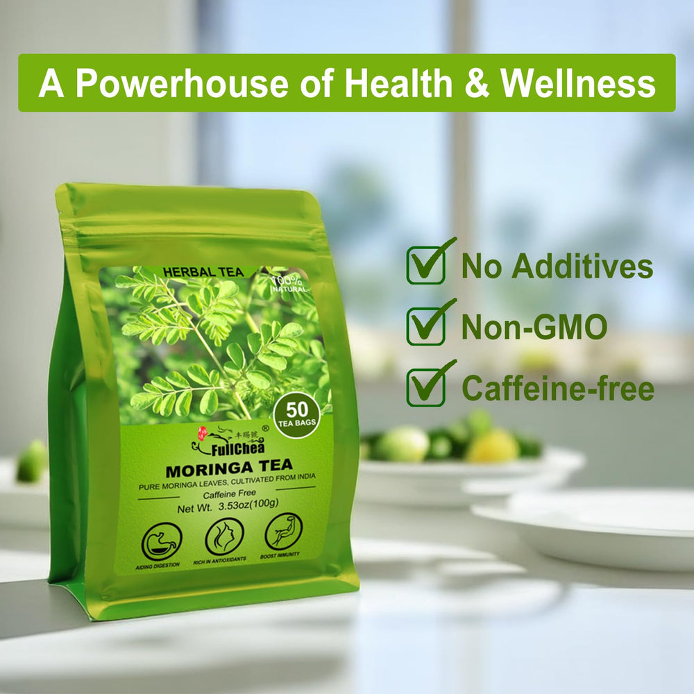 FullChea Moringa Tea label highlights caffeine-free and non-GMO features.