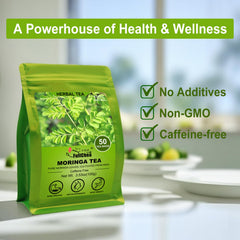 FullChea Moringa Tea label highlights caffeine-free and non-GMO features.