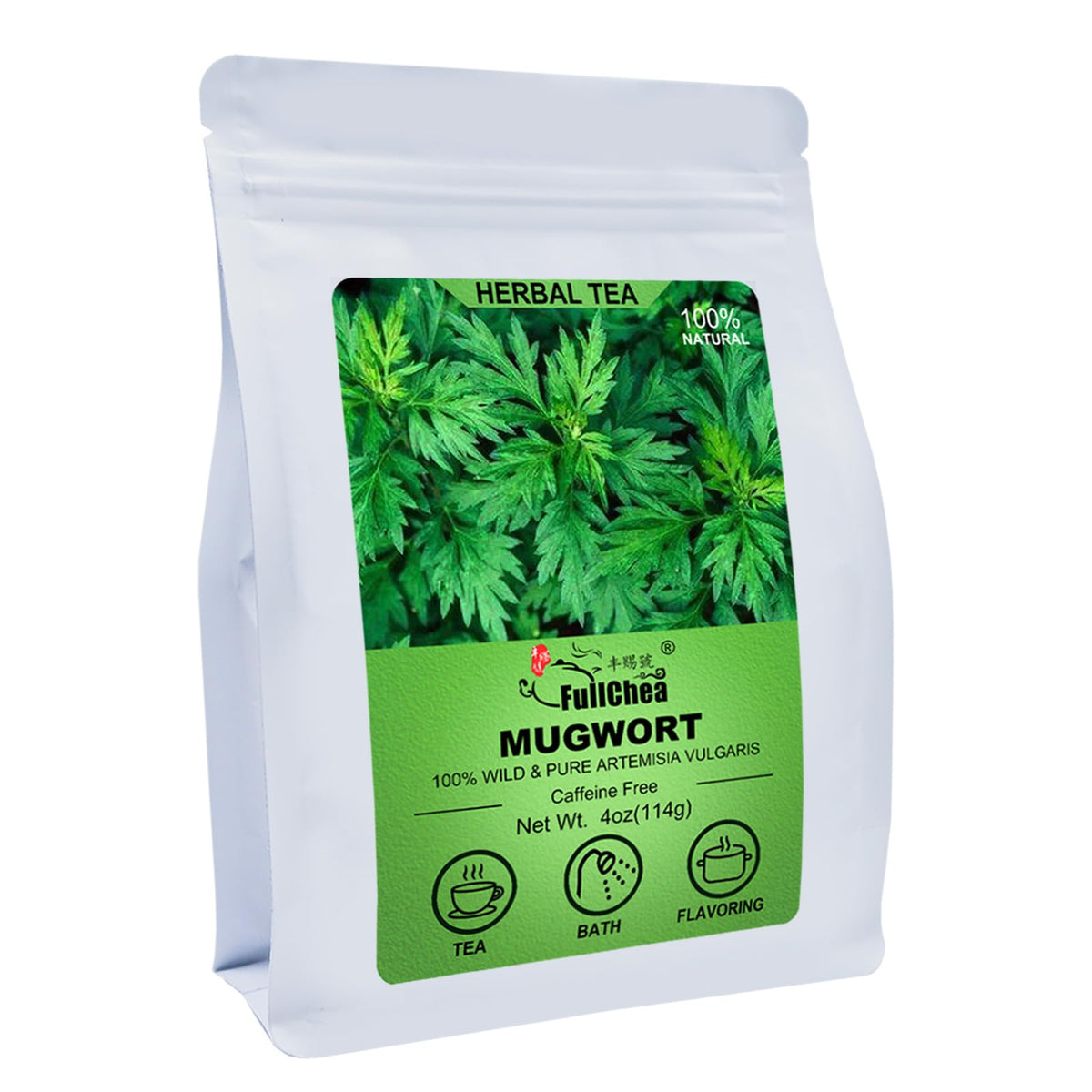 FullChea mugwort leaf tea pack showcases premium leaves for a soothing, caffeine-free cup.