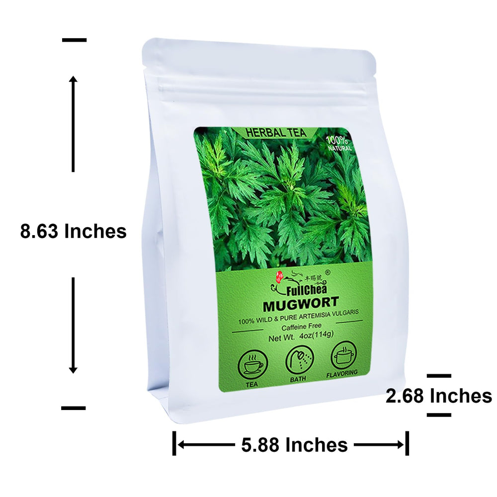 FullChea mugwort packaging label highlights sulfur-free, non-GMO quality for clean herbal enjoyment.