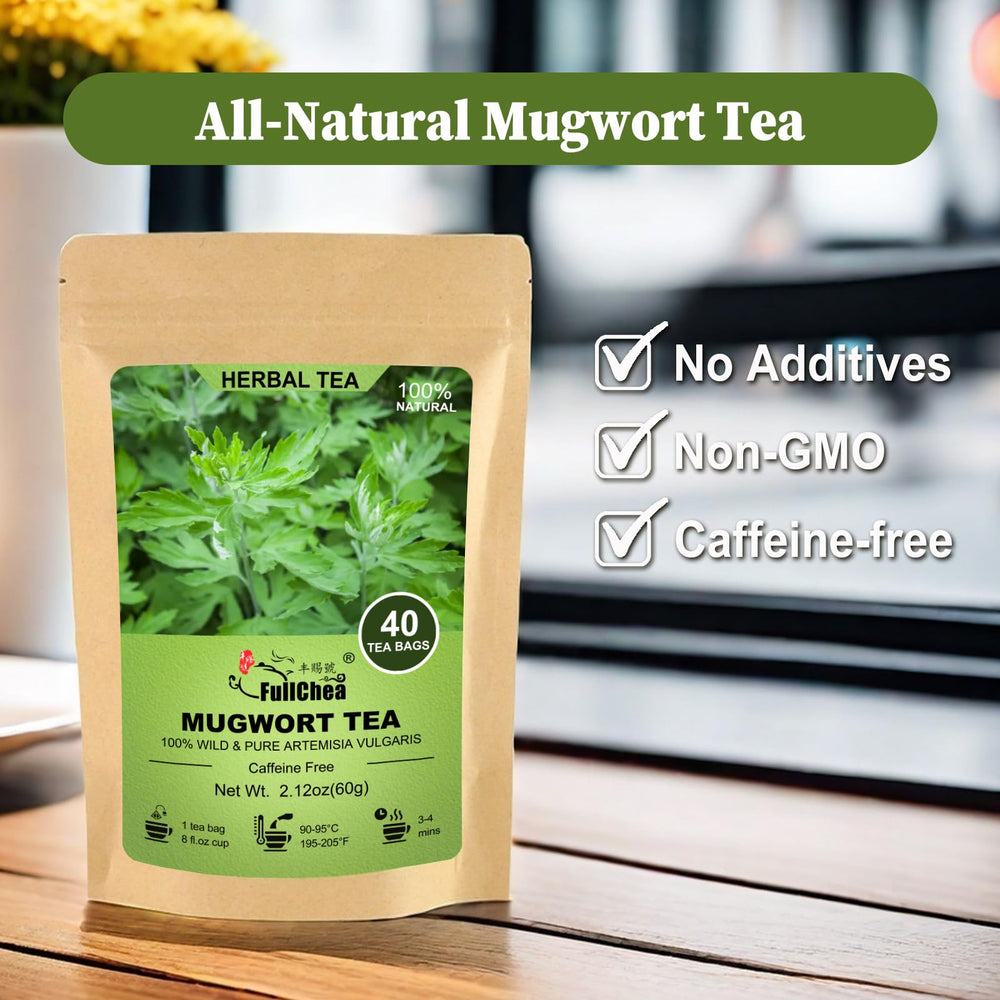 Brewed mugwort tea in a cup from FullChea for a soothing evening.