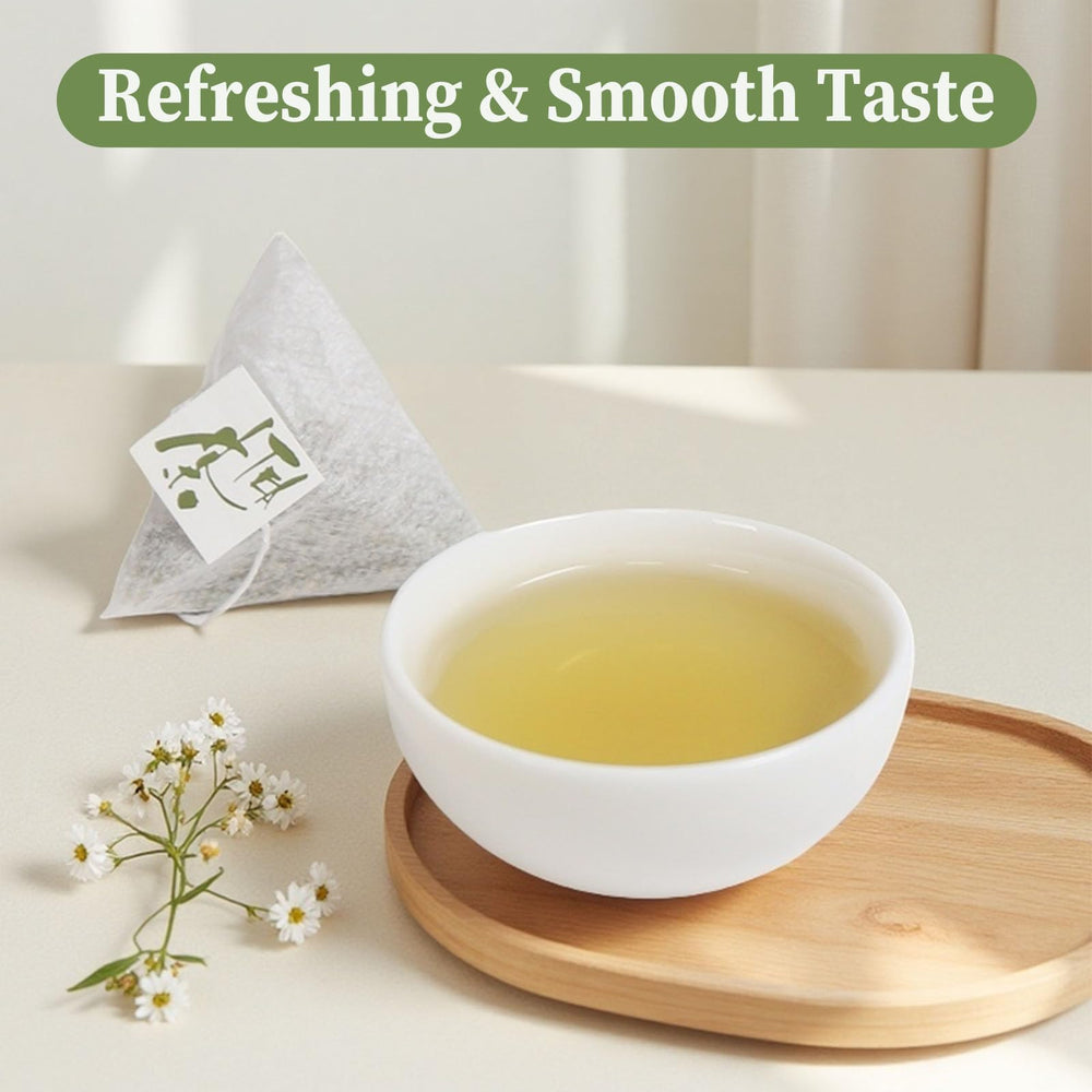 FullChea Mulberry Leaf Tea brewed-cup reveals a pale, slightly sweet infusion.