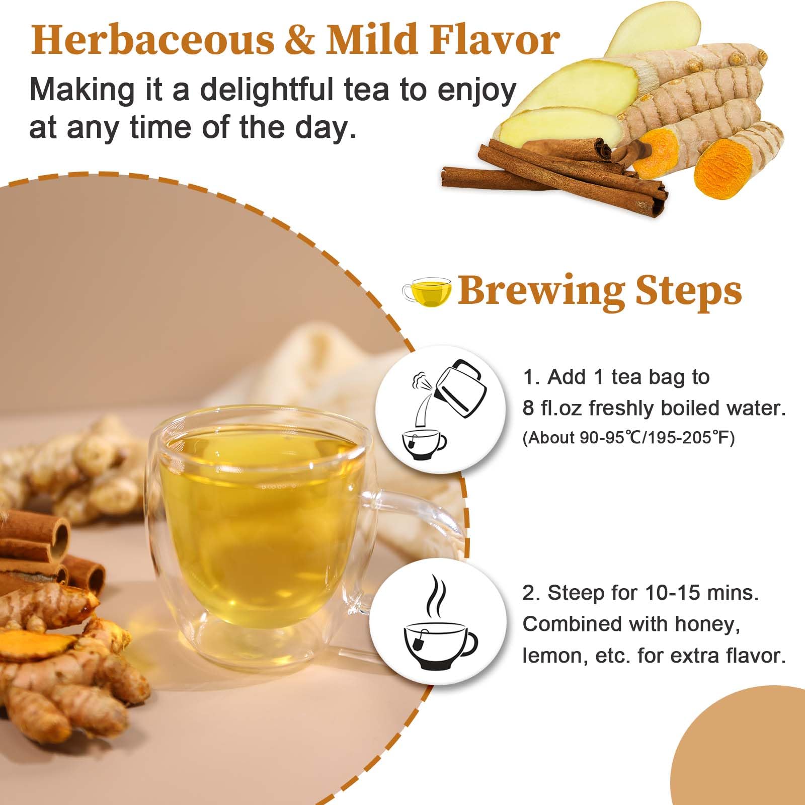FullChea non-GMO label assures quality in turmeric ginger cinnamon tea.