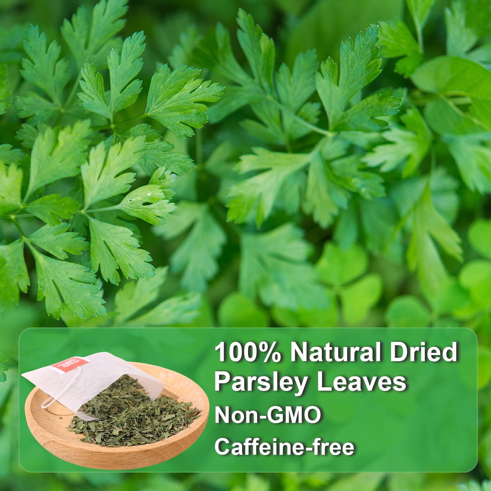 FullChea parsley tea bag steeping in cup for a comforting, caffeine-free brew.