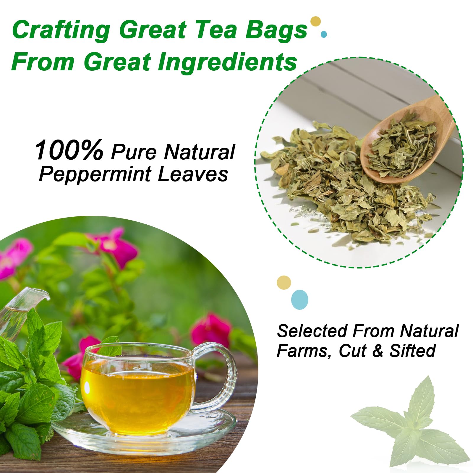 FullChea peppermint tea bag closeup showing premium peppermint leaves.