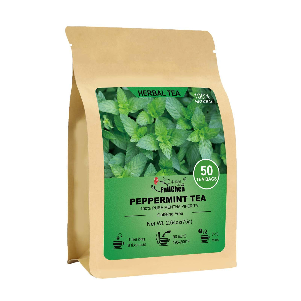 FullChea peppermint tea bags packaging highlighting freshness and non-GMO quality.