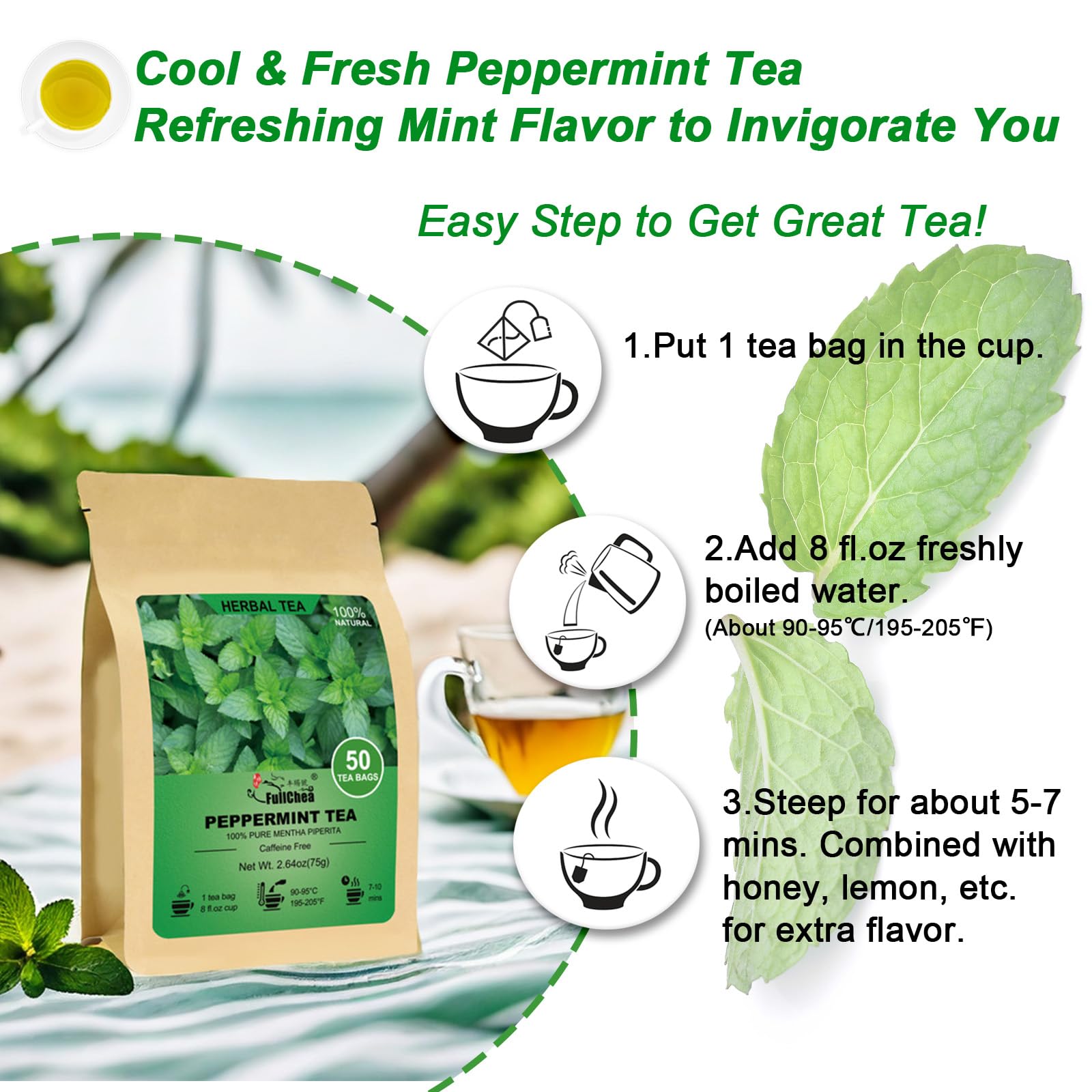 FullChea peppermint tea brewed cup with crisp mint aroma.