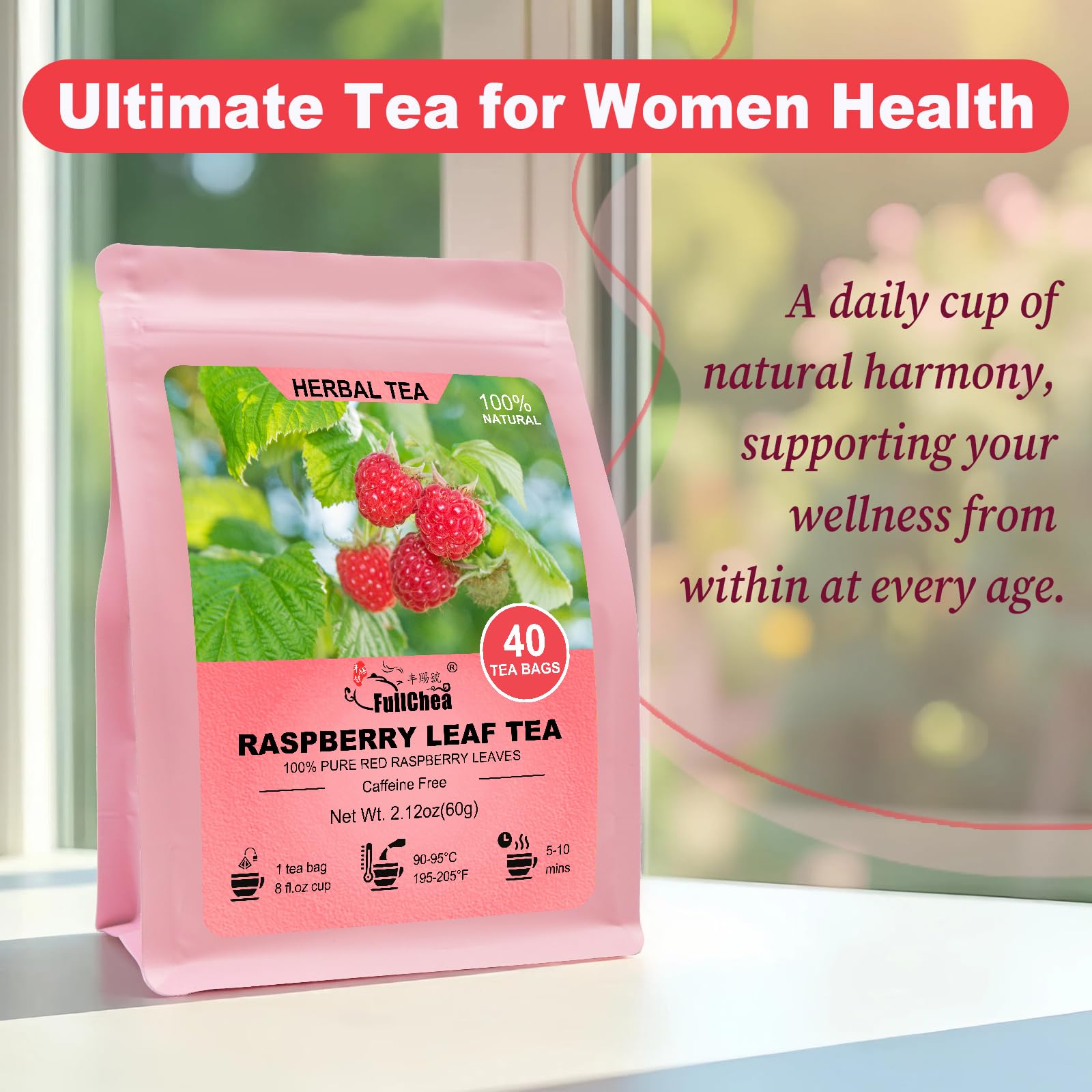 FullChea Raspberry Leaf Tea mug with steam and inviting aroma.