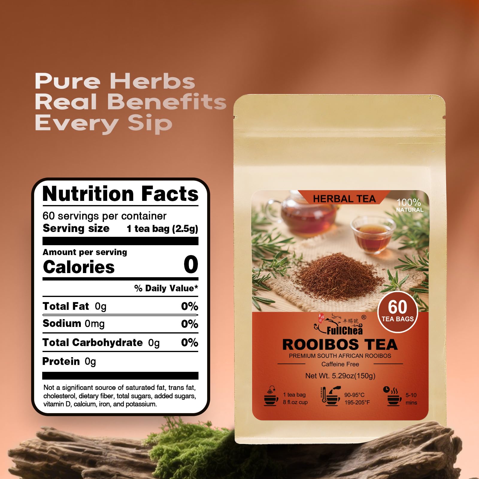 Closeup of FullChea Rooibos tea bags with plant-based fibers.
