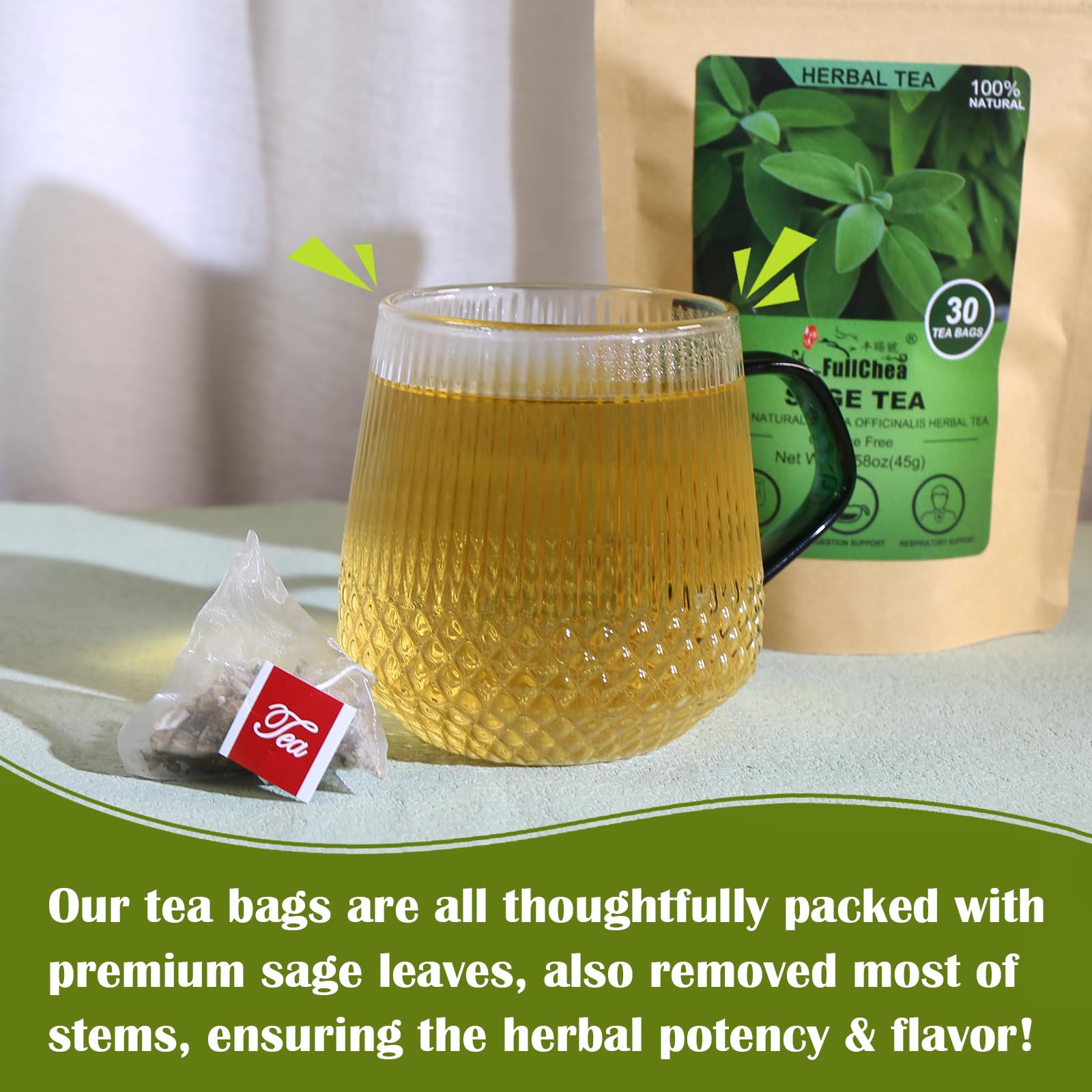 FullChea Sage Tea Bags steeping-in-cup reveal smooth, refreshing sage notes.