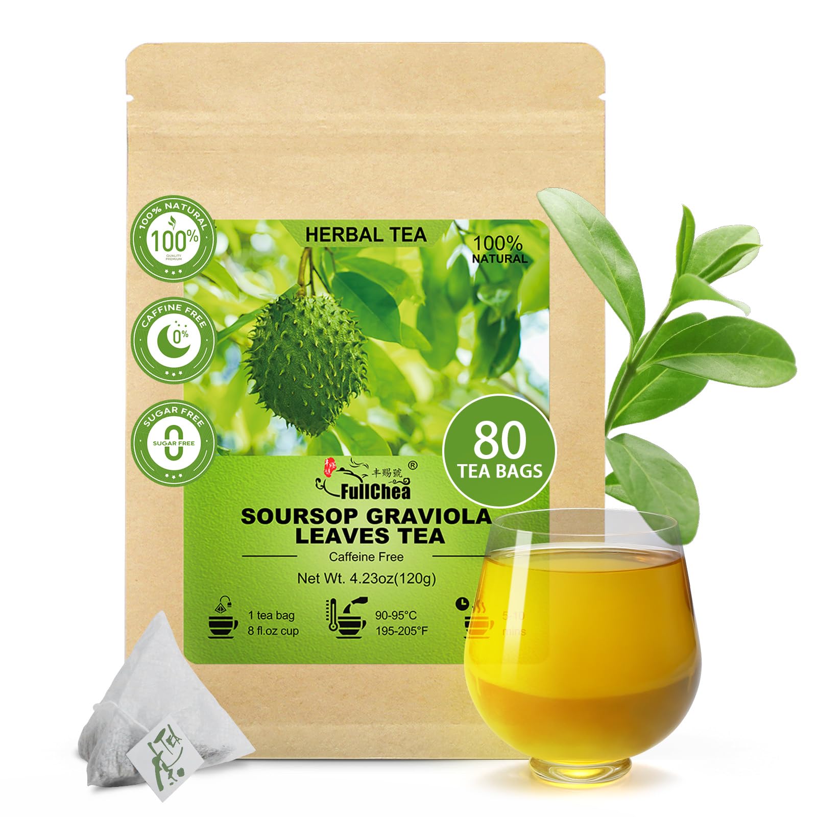 FullChea soursop tea bags showcase pure Guanabana leaves in packaging for daily wellness.