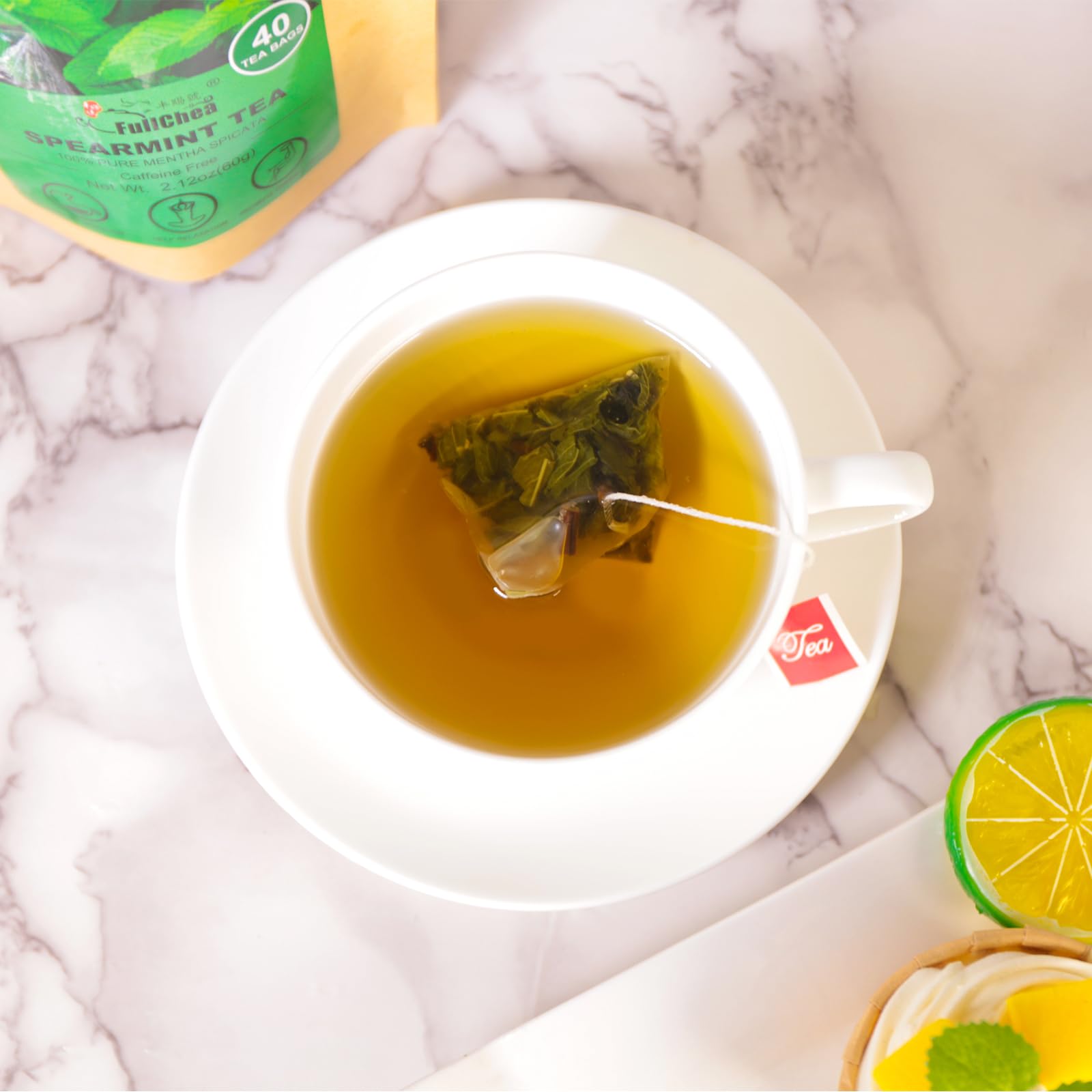 FullChea Spearmint Tea Bags brewed cup aroma enhances calm and focus.