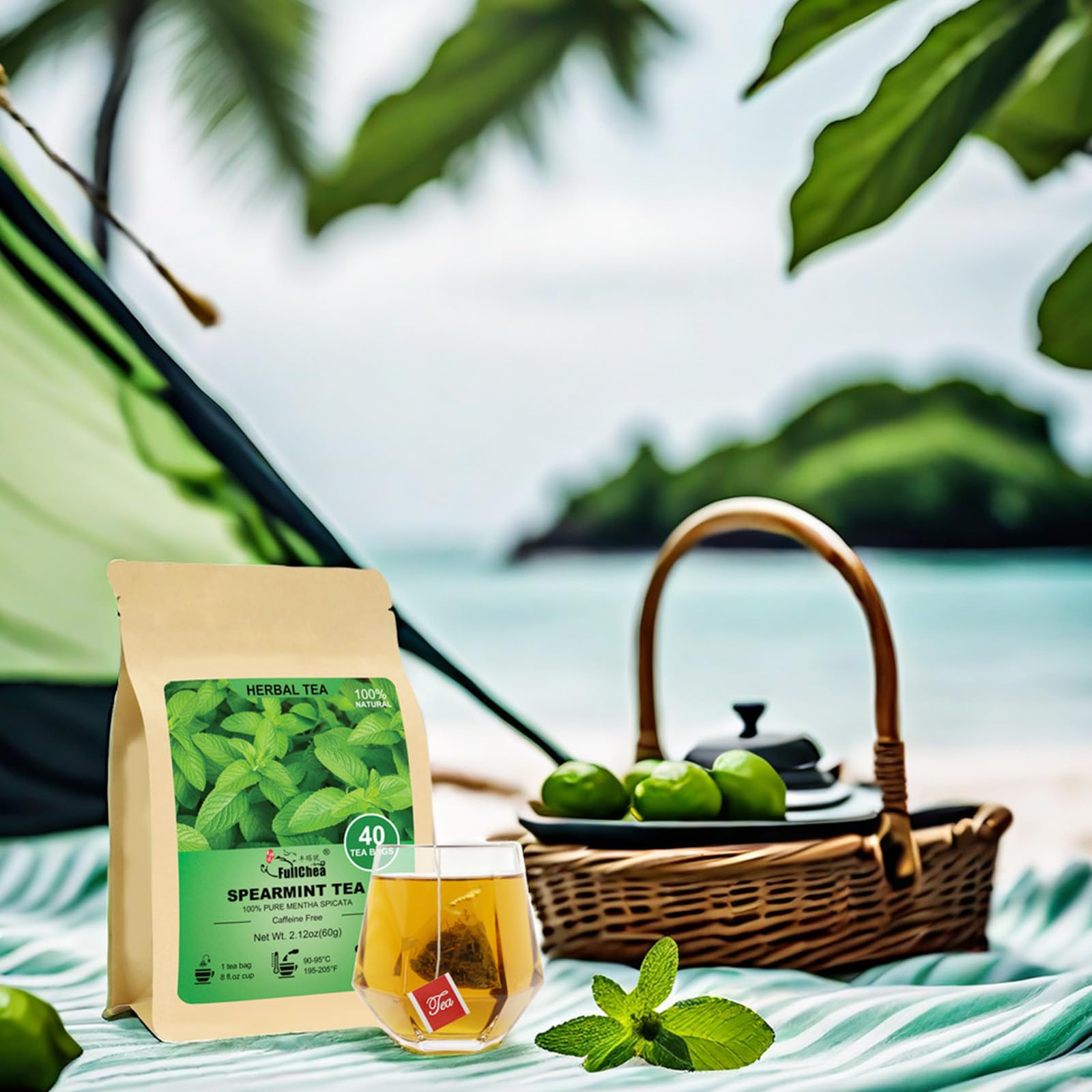FullChea Spearmint Tea Bags hot brew setup invites cozy tea time rituals.