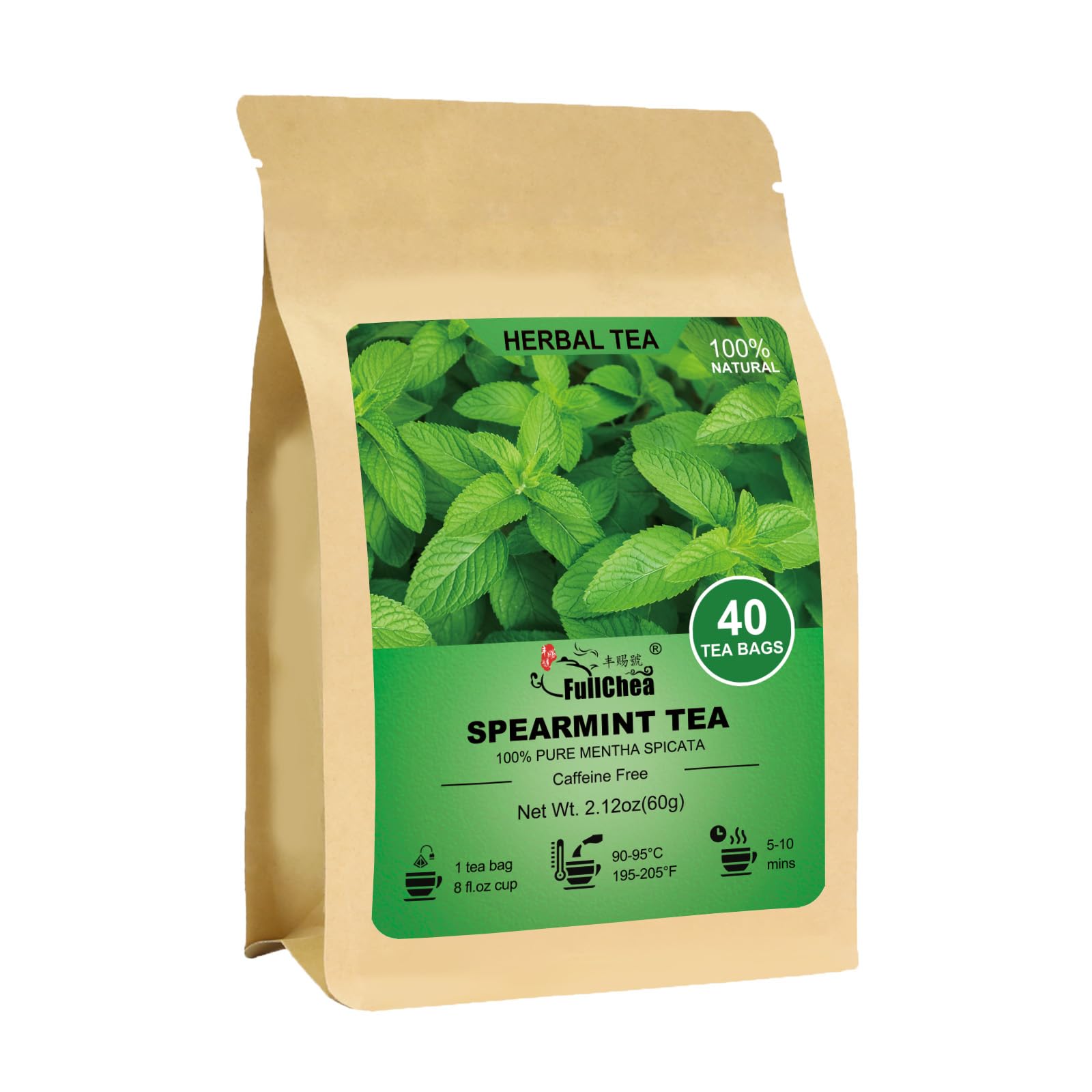 FullChea Spearmint Tea Bags packaging highlights premium quality for daily refreshment.