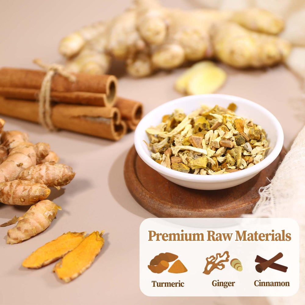 FullChea spice blend highlights turmeric, ginger, and cinnamon for a warm, wellness-inspired brew.