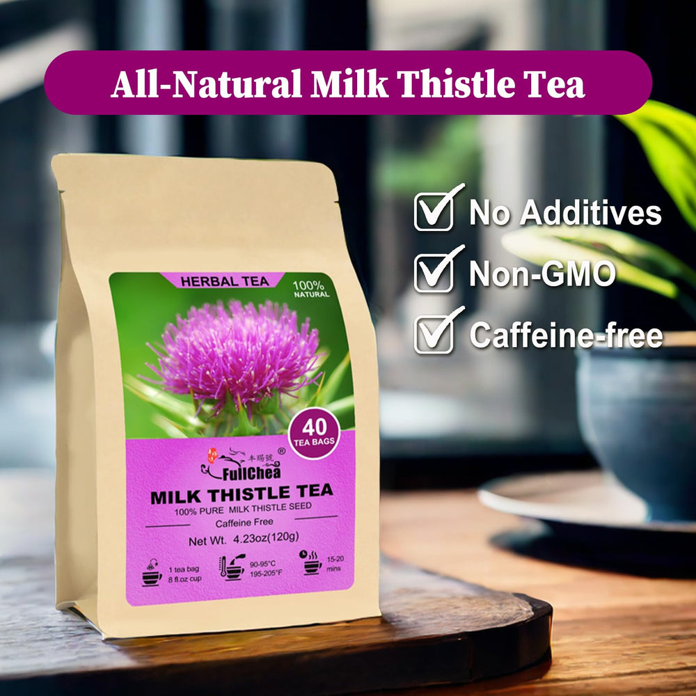 Steam rising from a mug of FullChea milk thistle tea for warmth.