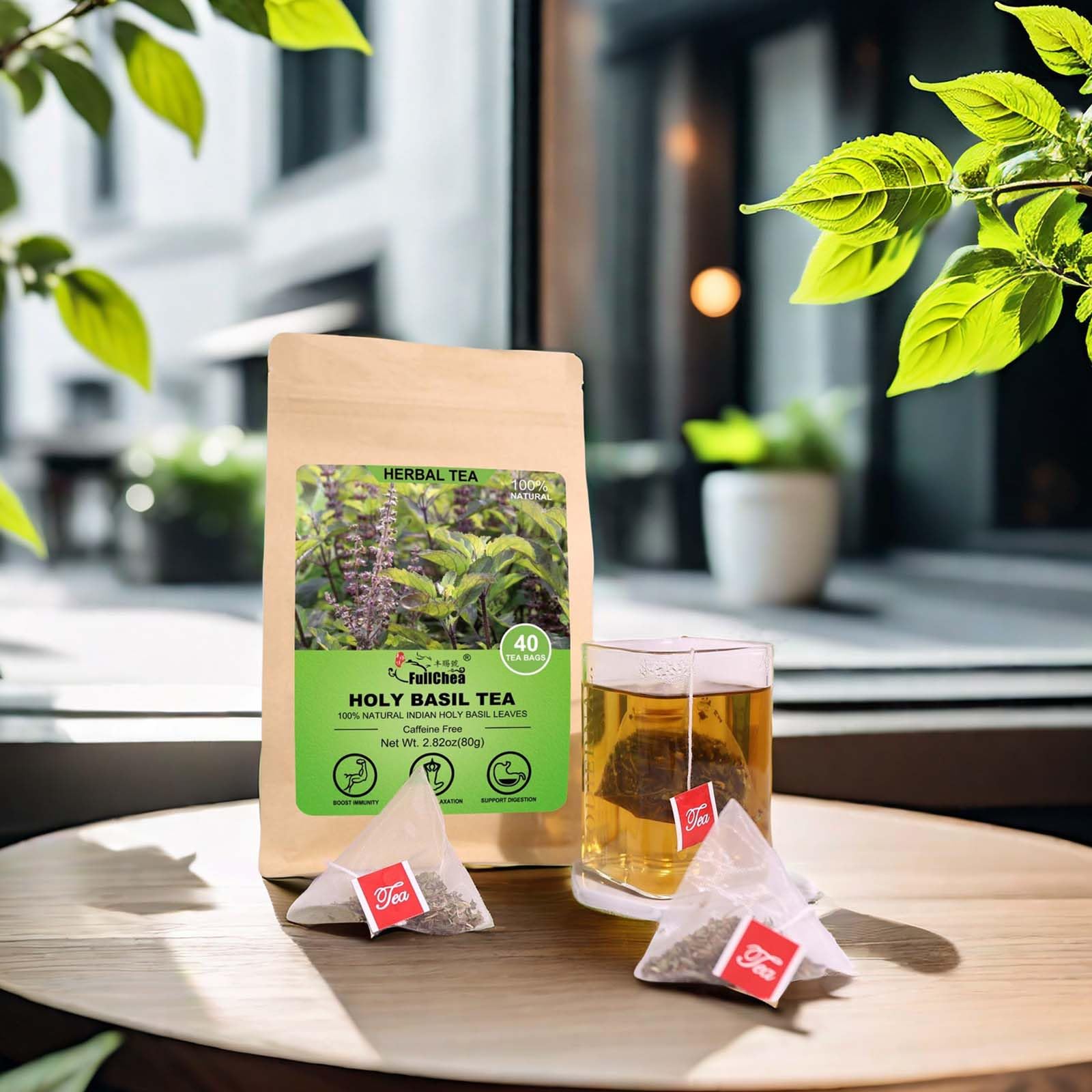 FullChea steeping Tulsi tea in a cup highlighting fragrant steam and aroma.