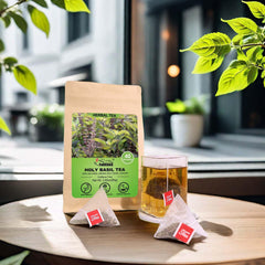 FullChea steeping Tulsi tea in a cup highlighting fragrant steam and aroma.