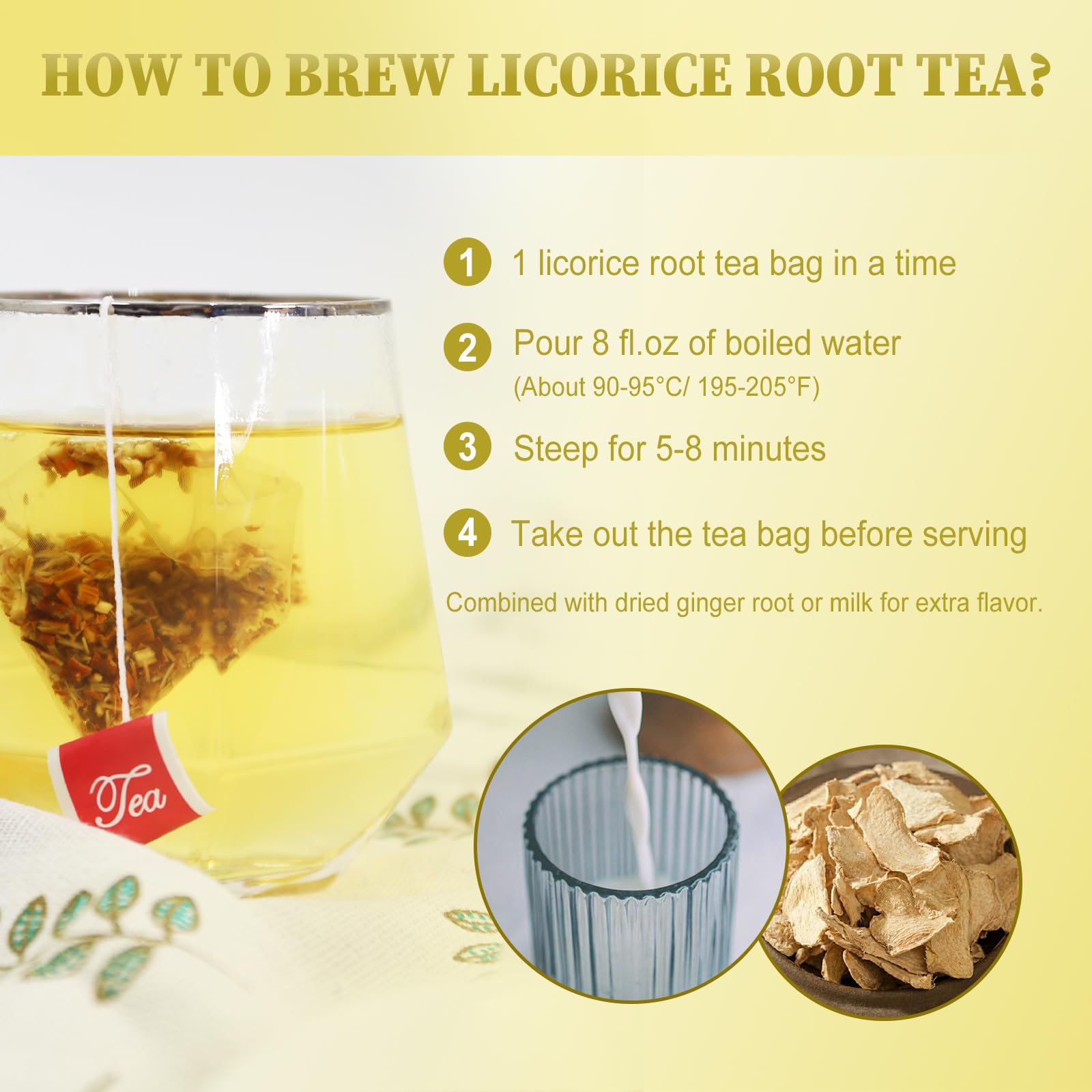Pouring FullChea licorice tea bag into a glass cup for a soothing moment.