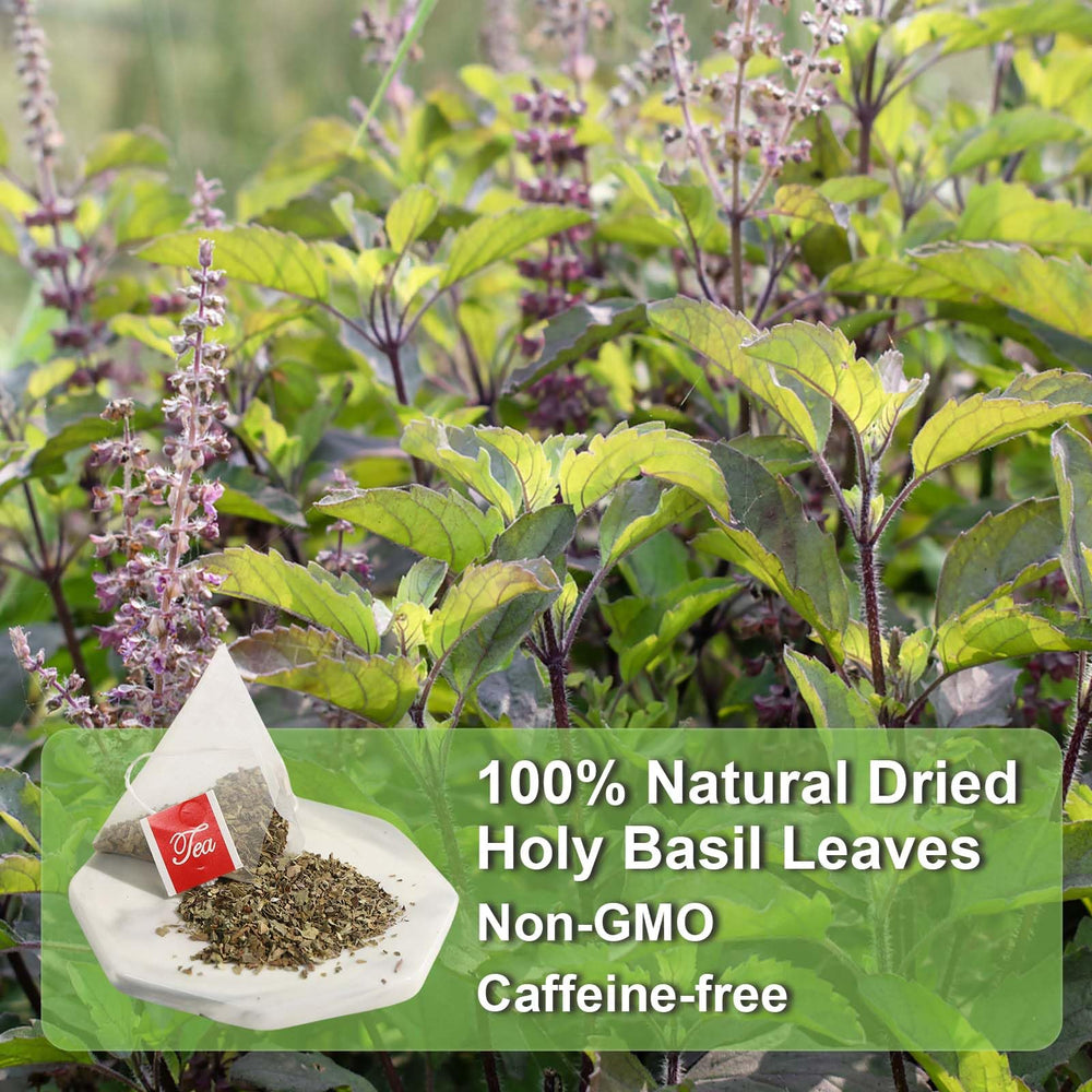 FullChea Tulsi tea bags closeup revealing vibrant leaves and premium quality.