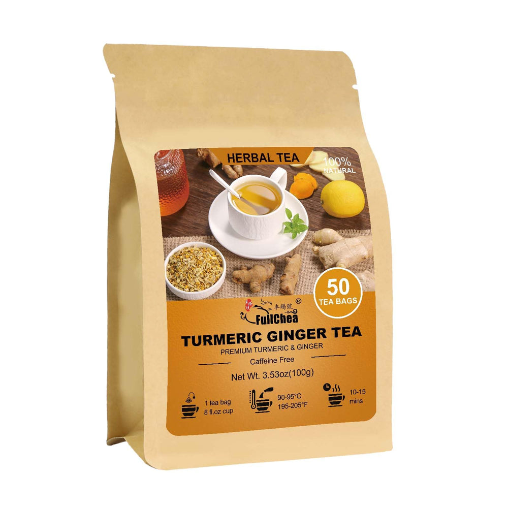 FullChea turmeric ginger tea bags front view for cozy cups.