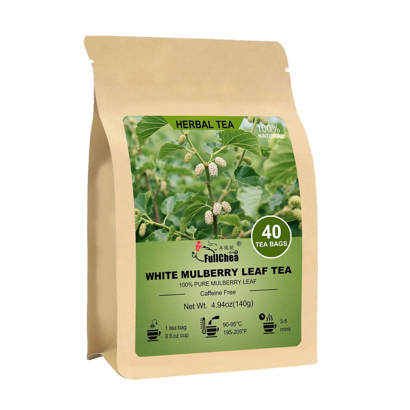 FullChea White Mulberry Leaf Tea bags ready to brew a caffeine-free infusion.