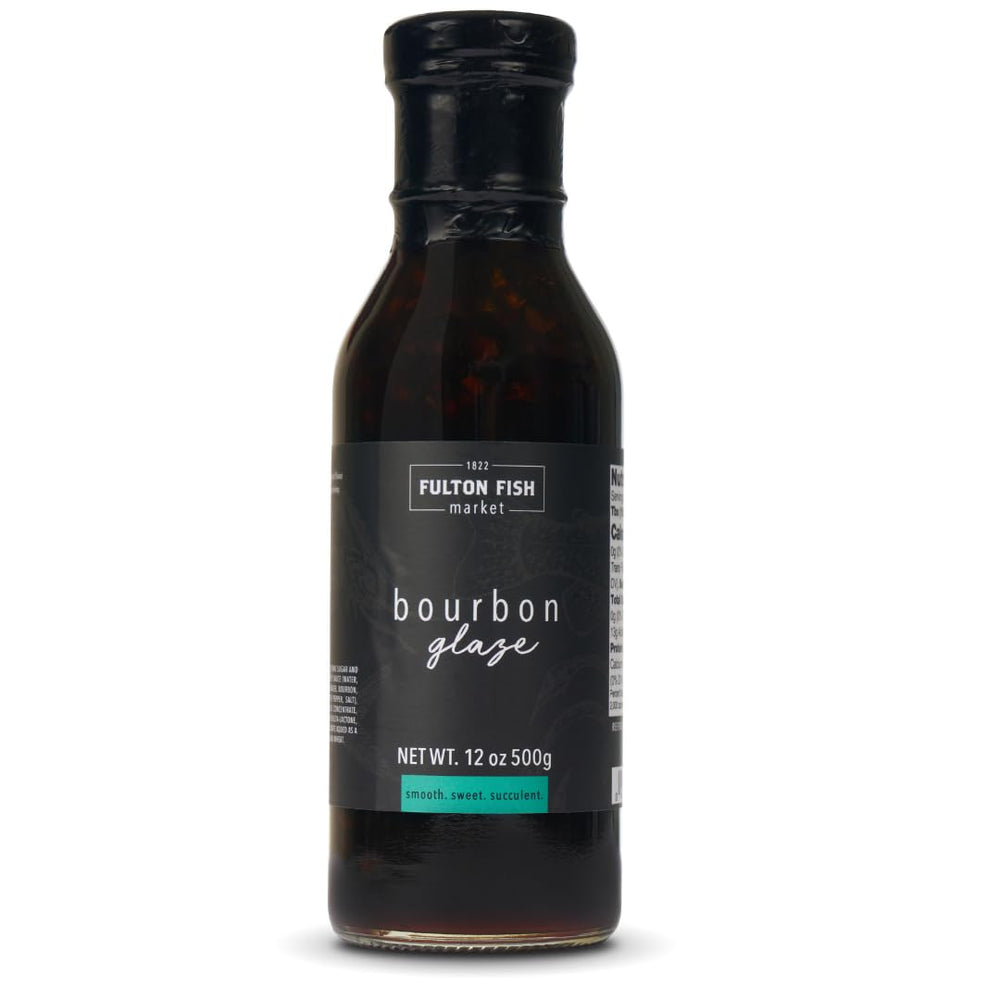 Fulton Fish Market Sweet Bourbon Seafood Glaze bottle shows rich, chef-crafted flavor.