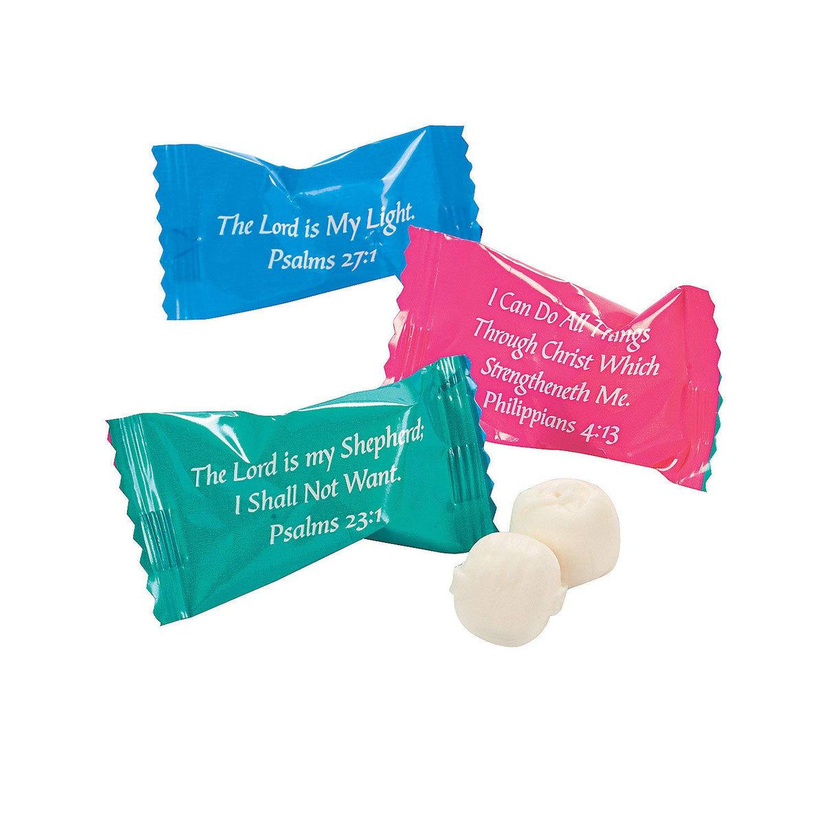 Fun Express butter mints with Bible verses on wrappers, ideal for church events