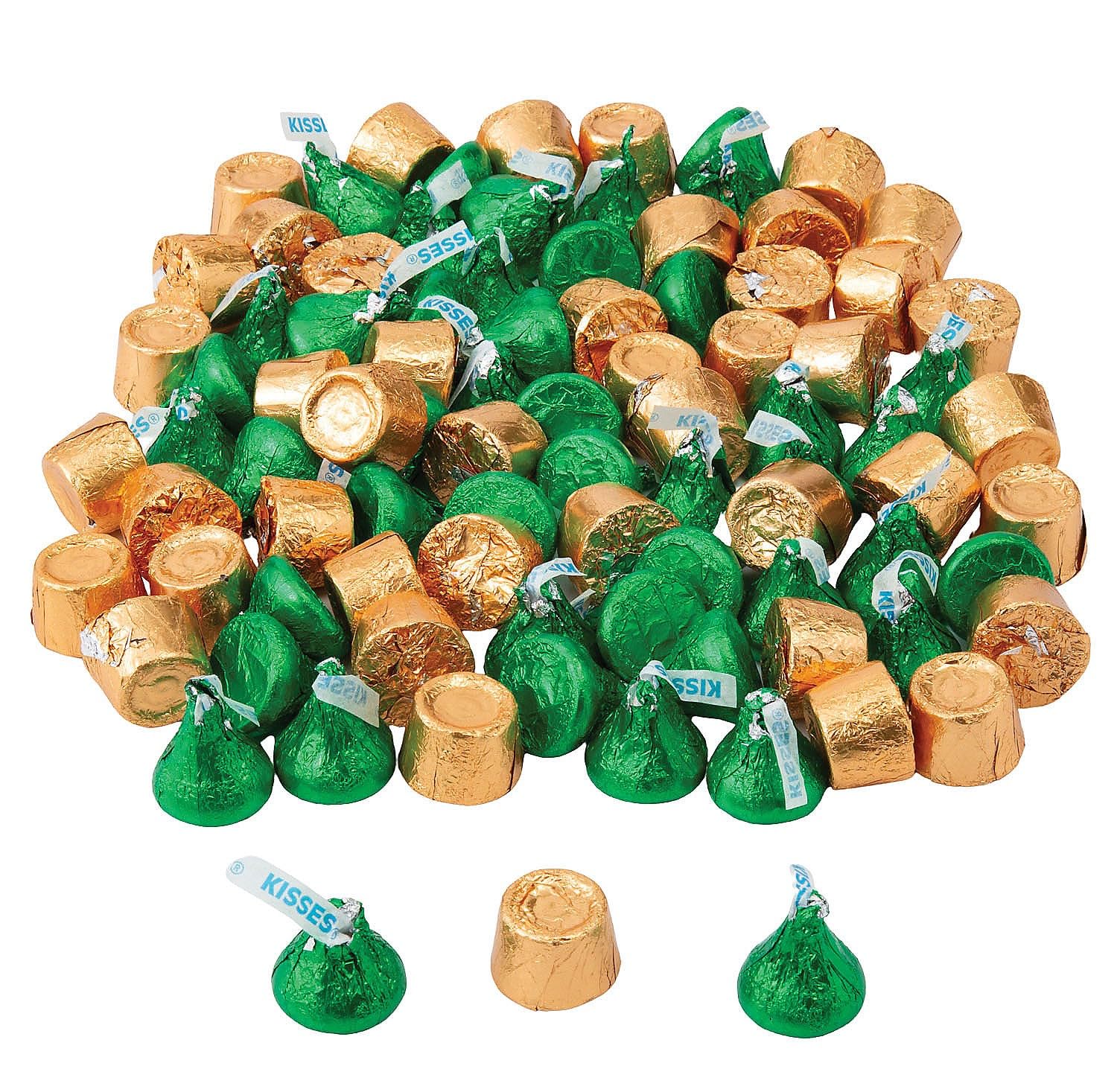 Fun Express Kisses green and gold wrap collection, ideal for festive candy buffets and party favors.