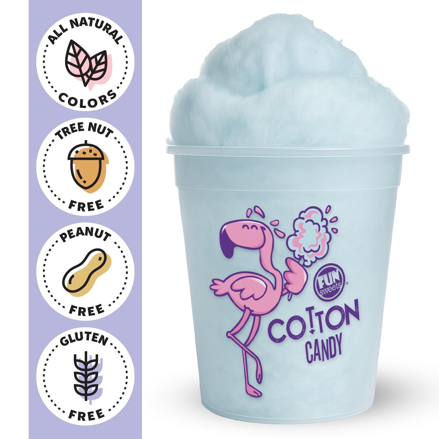 Fun Sweets blue cotton candy tub with minimalist label for versatile displays.