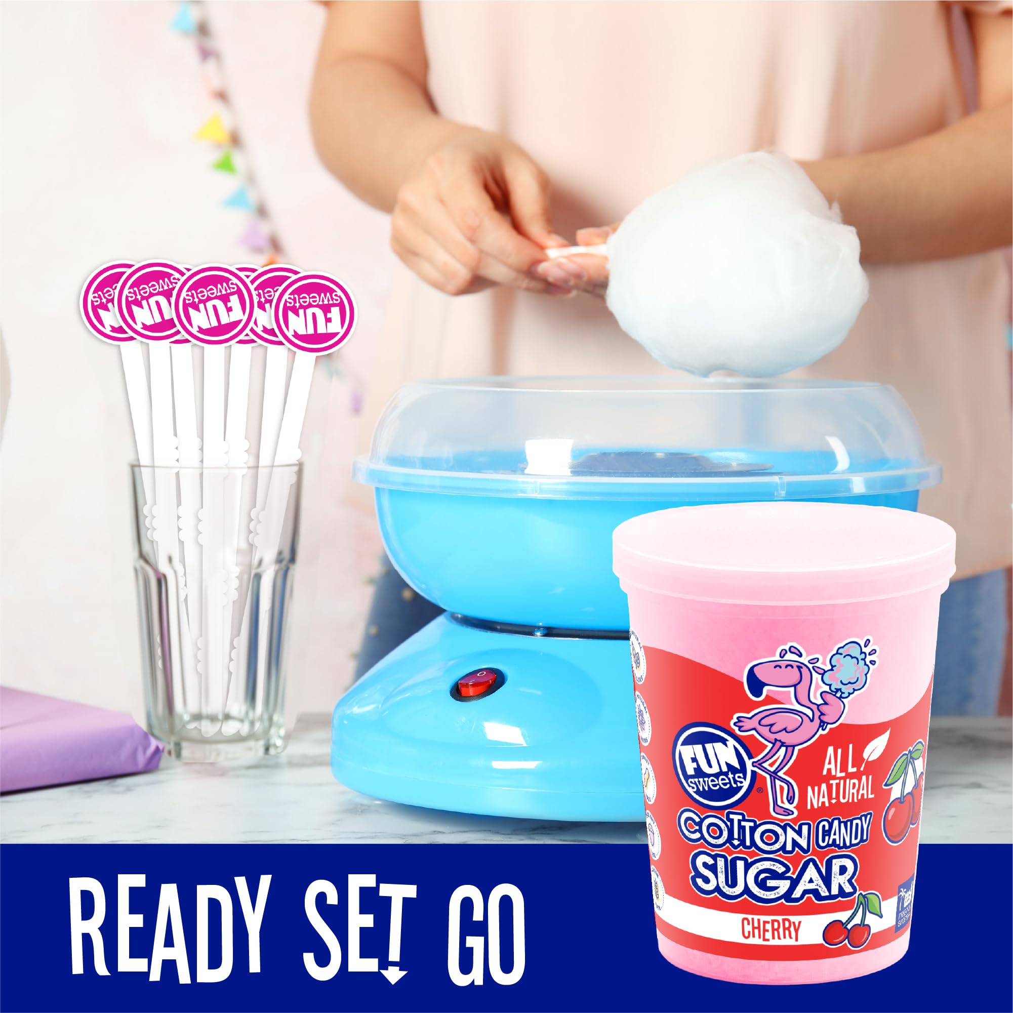 Fun Sweets blue raspberry flavor tub, a bright option for festive gatherings.