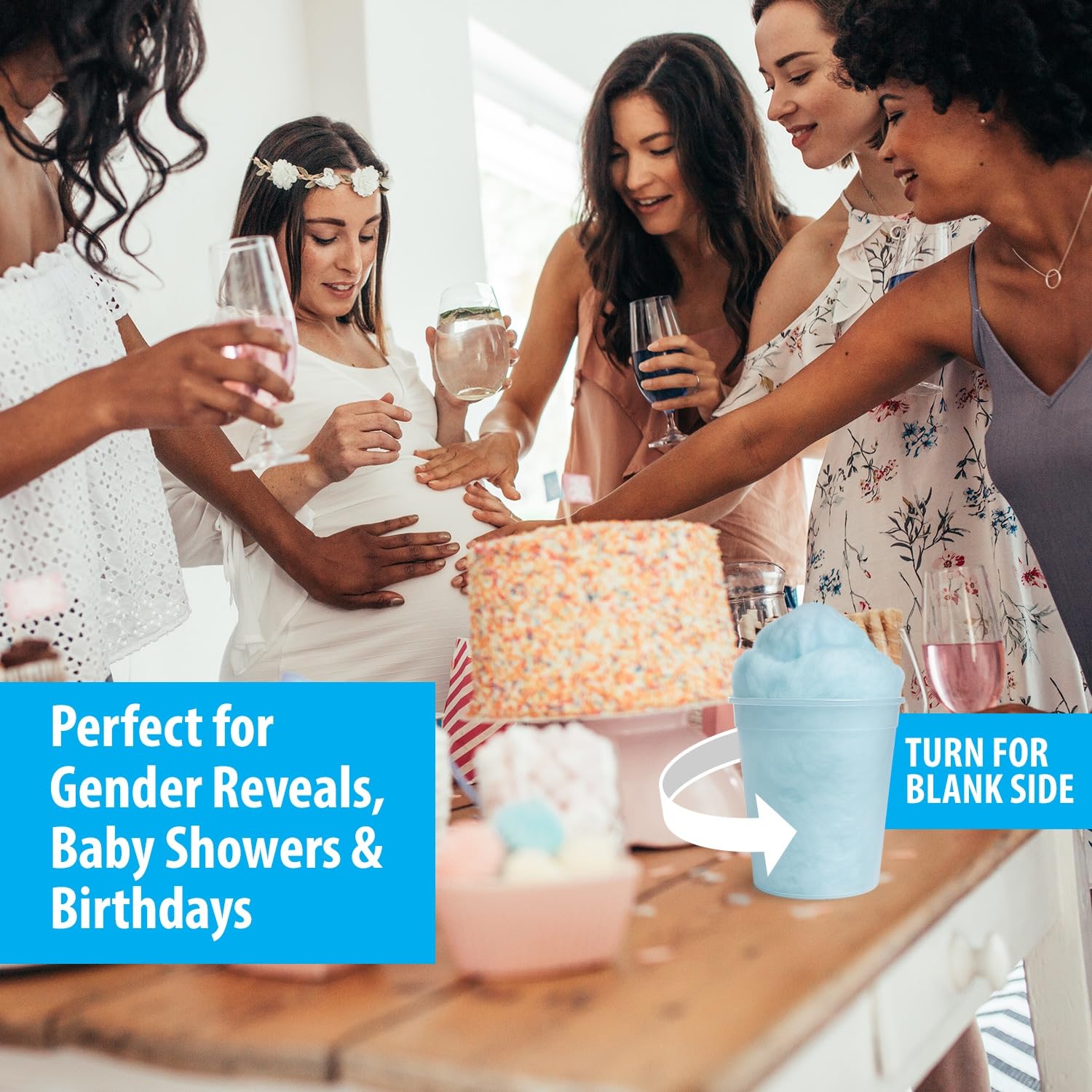 Fun Sweets blue candy on a dessert table ideal for baby showers and blue-themed events.