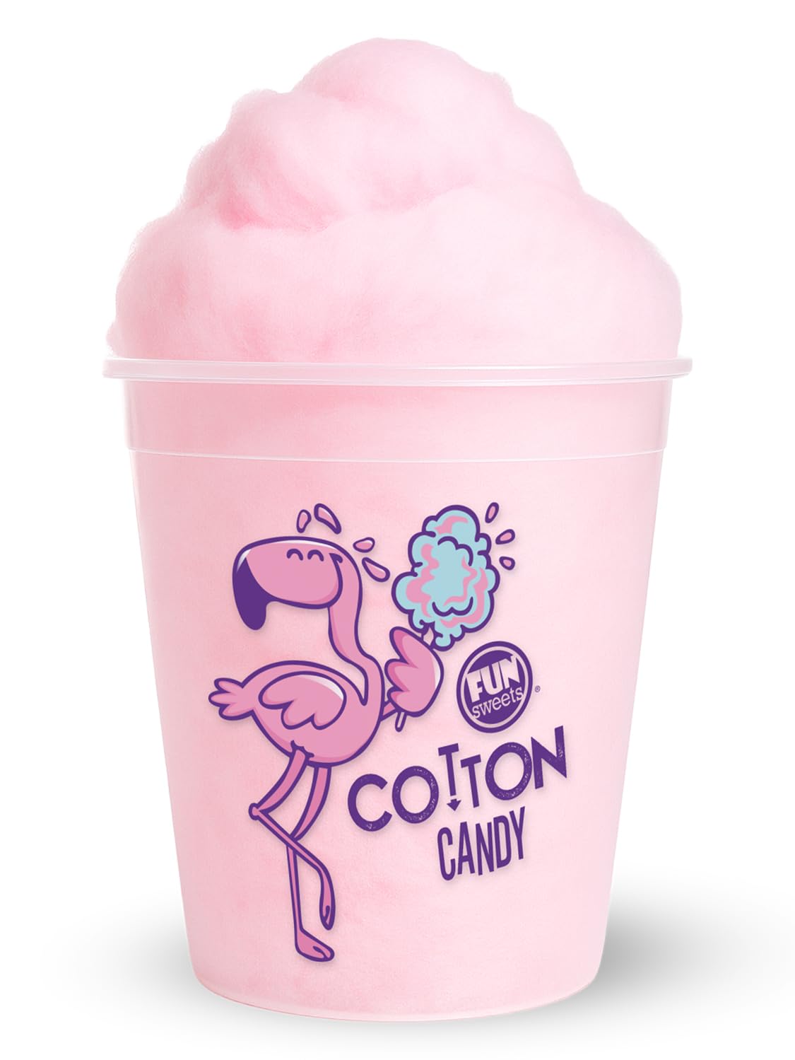 Store-ready Fun Sweets pink cotton candy tubs in a clear container.