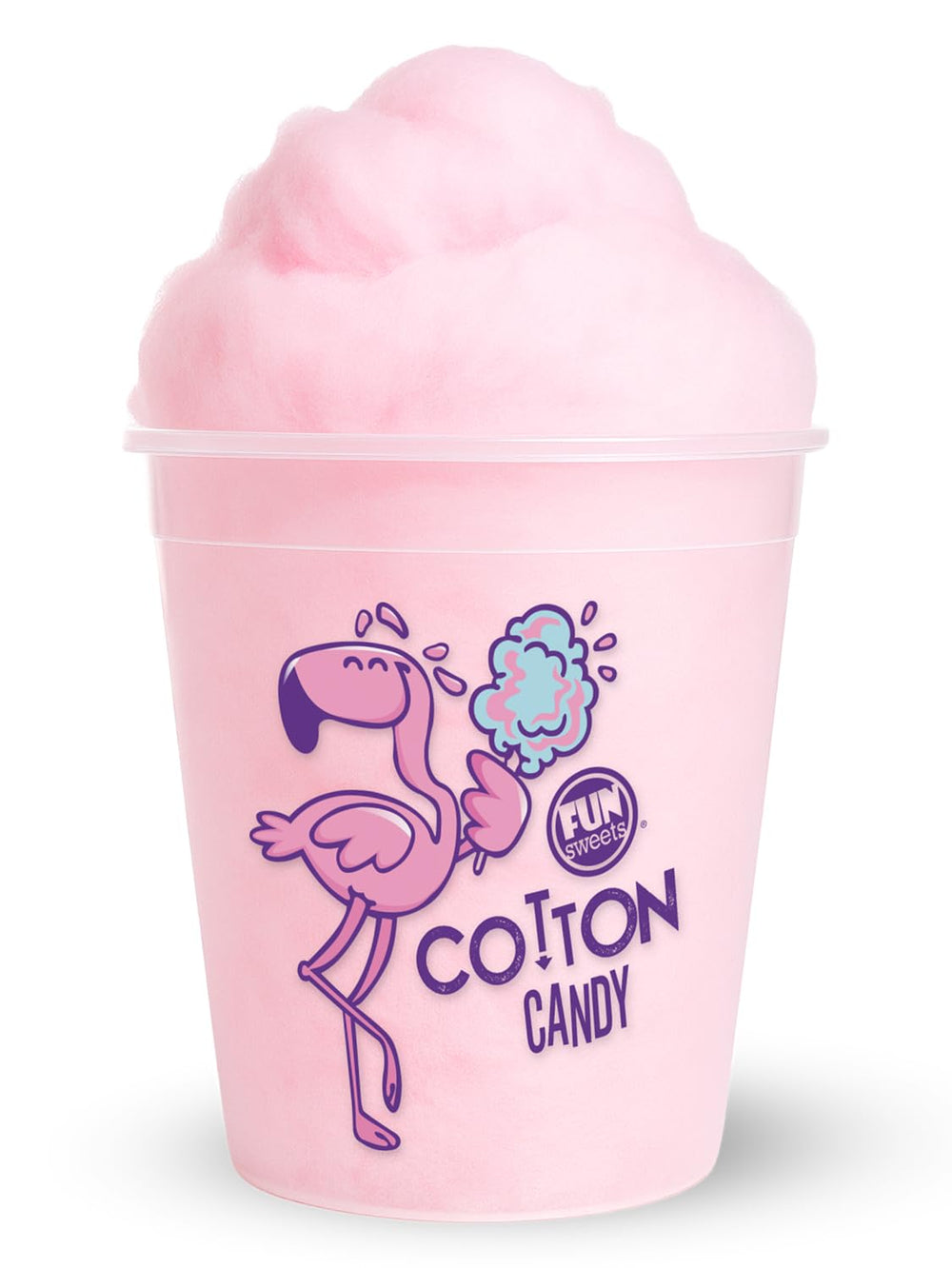 Store-ready Fun Sweets pink cotton candy tubs in a clear container.