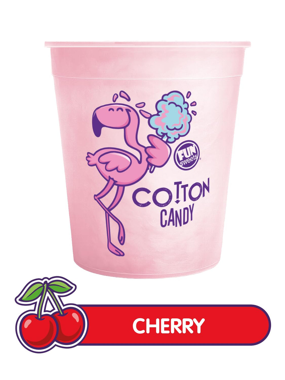 Close-up of Fun Sweets pink cotton candy tub, fluffy texture.