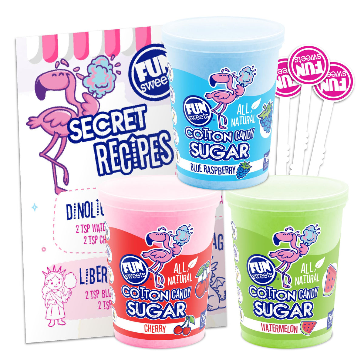 Fun Sweets cotton candy sugar three-flavor pack in tubs, ideal for home parties.
